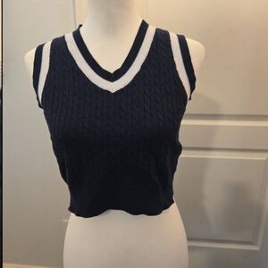 Navy and White Sleeveless V-Neck Cable Knit Top